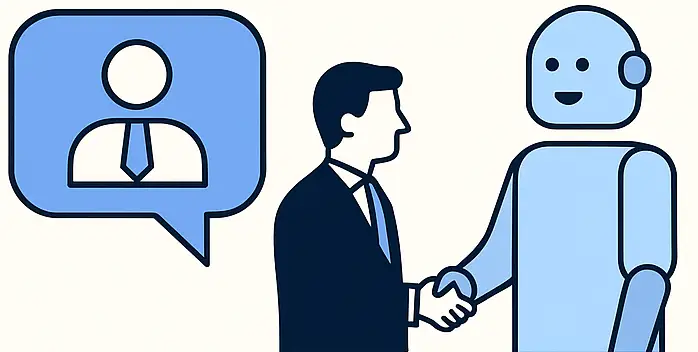 A digital illustration titled “What is a Fractional CMO?” shows a businessperson in a suit shaking hands with a friendly robot, symbolizing the integration of executive marketing leadership and modern AI tools. To the left, a speech bubble icon contains a generic person wearing a tie, representing communication and leadership. Below, text reads: “A fractional CMO brings executive-level marketing leadership to your business—without the overhead.” The design is minimal, with blue and black accents on a light beige background.
