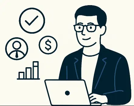 A digital illustration titled “Why Fractional Works” shows a smiling man in a blazer and glasses working on a laptop. To his left are four blue icons representing key benefits of fractional leadership: a checkmark (efficiency), a dollar sign (cost-effectiveness), a bar graph (growth), and a user icon (leadership). The clean, minimal style uses dark blue lines on a soft off-white background.